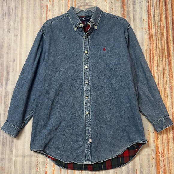 Rare Vintage 90s Polo Ralph Lauren Men's Plaid Flannel Lined Denim Shirt size L - Picture 3 of 10